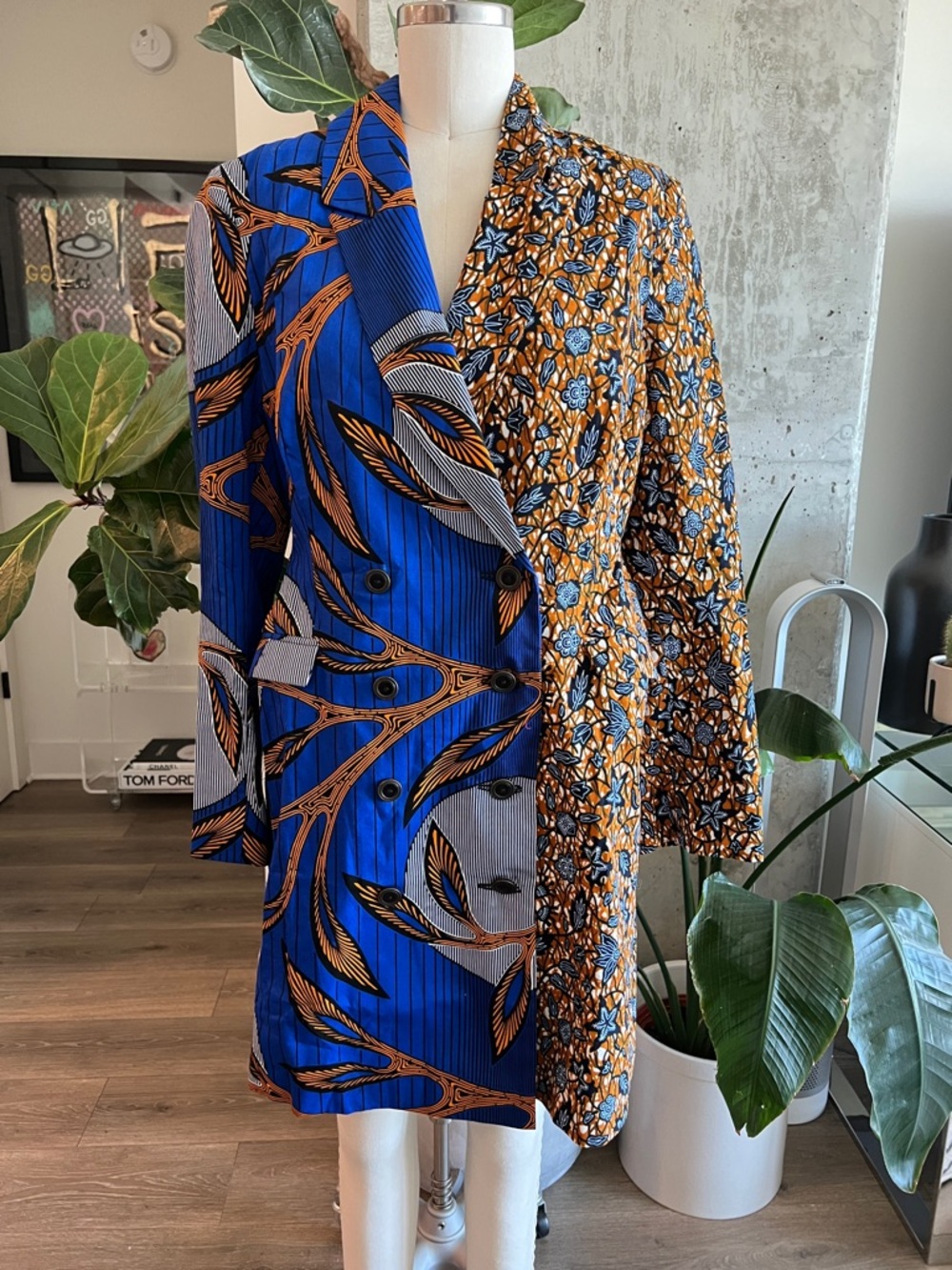 Ohema Ohene Mixed-Print Long Sleeve Blazer Dress in Blue and Brown